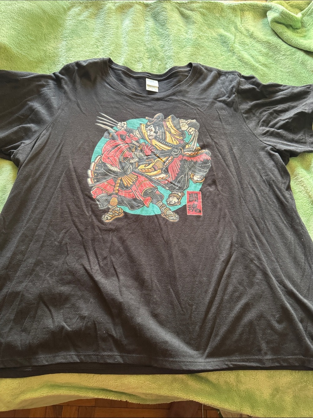 Amazon Black Graphic Tee with Samurai Artwork in Red and Teal